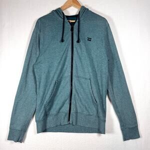 BILLABONG Men's Marled Zip Up Fleece Hoodie Sweater Teal Green Sand Logo XL EUC